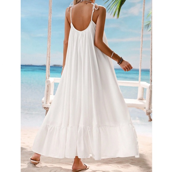 Boho White Shoulder Tie Ruffle Hem Flowy Maxi Dress - Picture 2 of 6